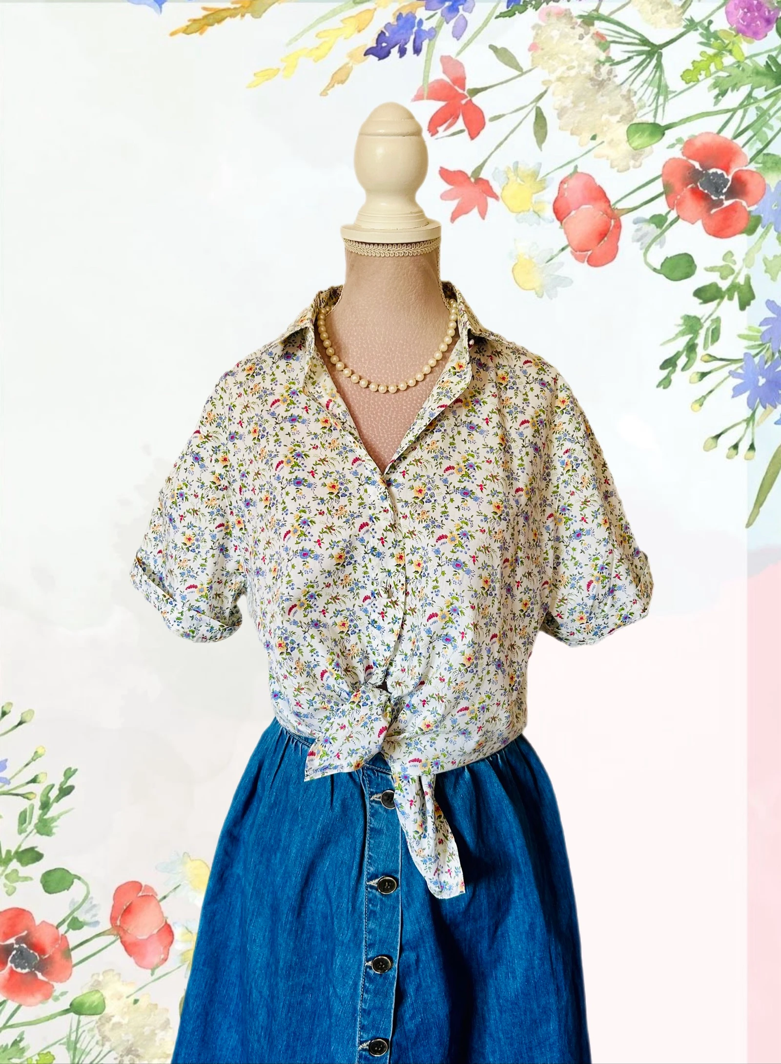 💐🌿Chemisette Fleurie Vintage 70s/80s Cottagecore Champêtre Retro Countryside Floral Blouse 38/40🌿💐